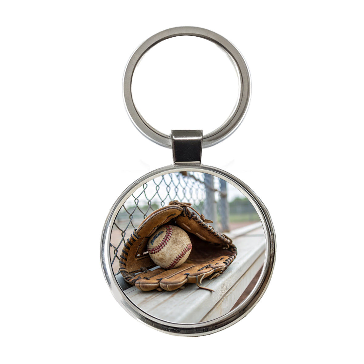 Baseball Glove With Baseball on Dugout Bench Round Metal Keychain