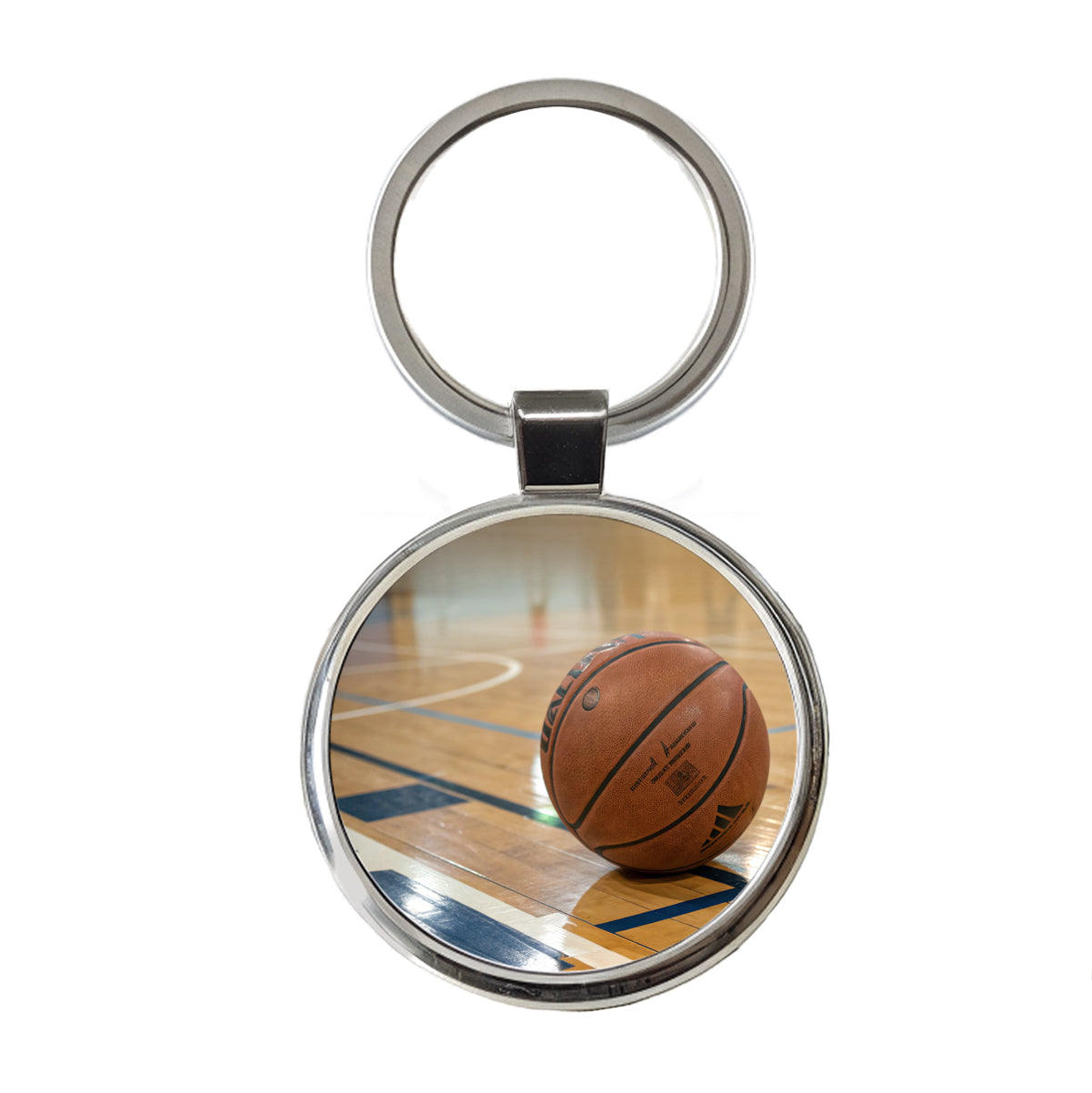 Basketball on Court Round Metal Keychain