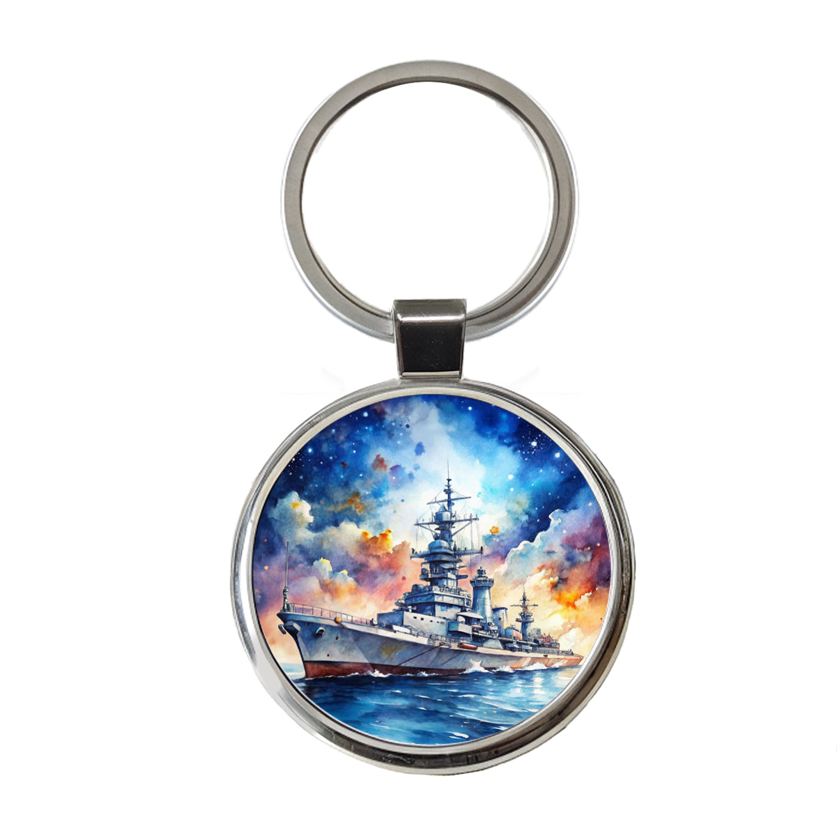 Battleship Under Fantasy Sky Watercolor Round Metal Keychain