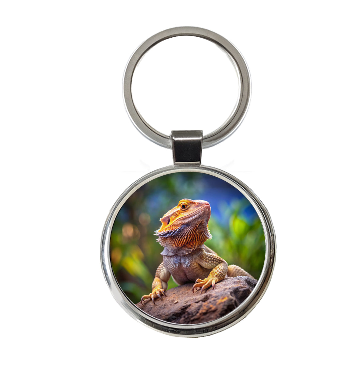 Bearded Dragon Lizard Reptile On Rock Round Metal Keychain