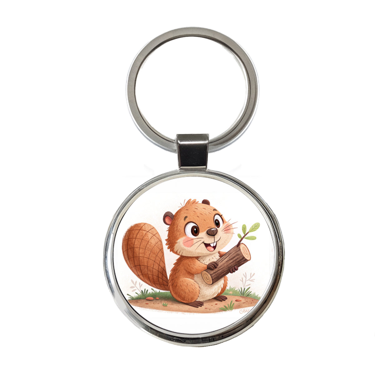 Beaver Children's Illustration Style Round Metal Keychain