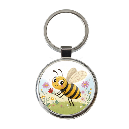 Bee Children's Illustration Style Round Metal Keychain