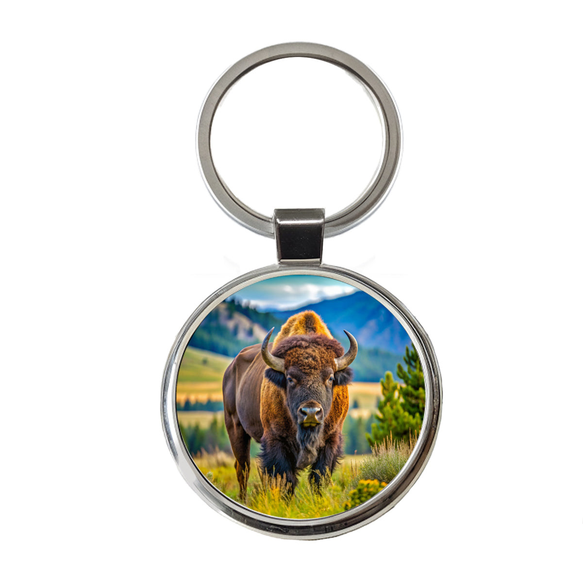 Bison Buffalo Round Metal Keychain