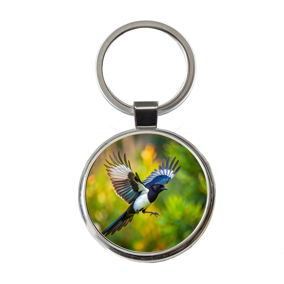 Black Billed Magpie Flying Backyard Bird Round Metal Keychain