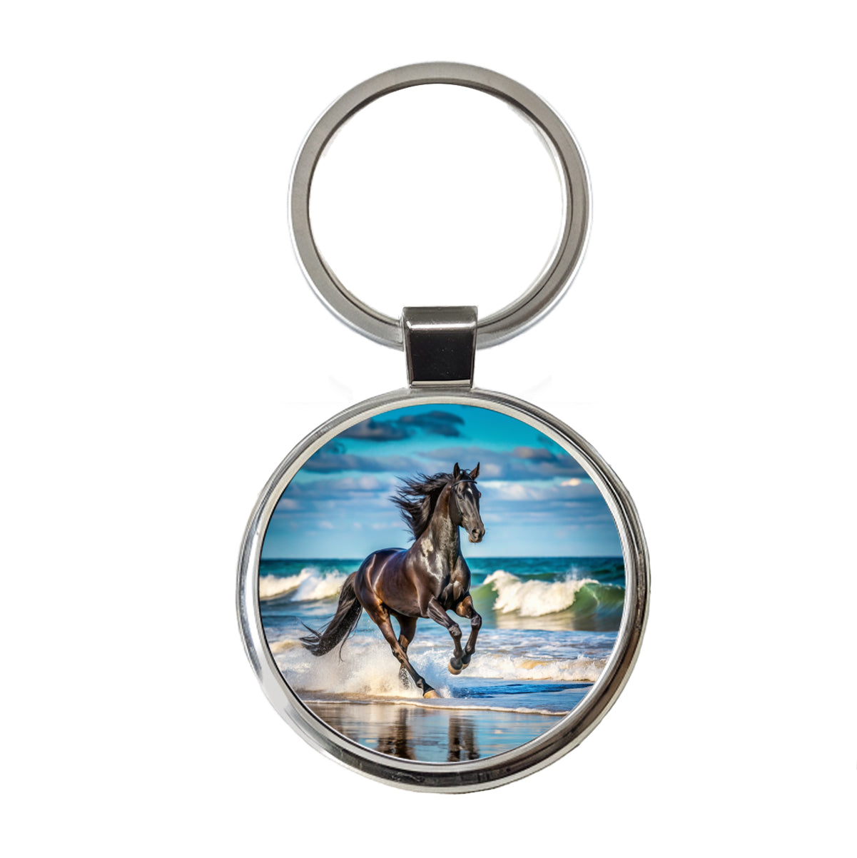 Black Horse Stallion Galloping On The Beach Round Metal Keychain
