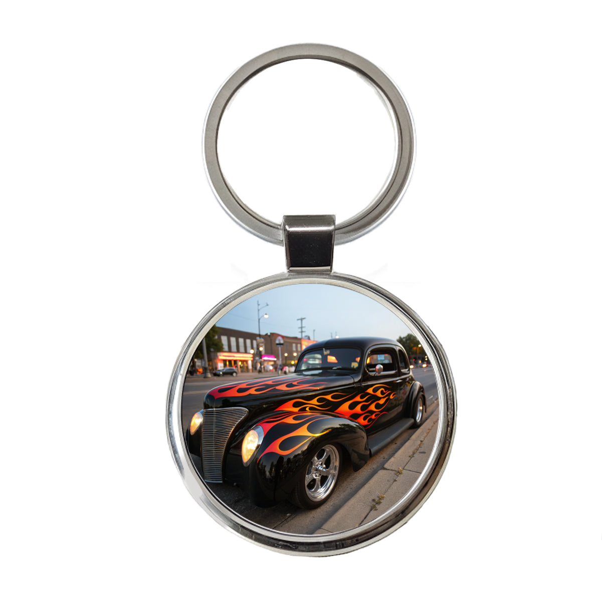 Black Hot Rod Classic Car With Flames Round Metal Keychain