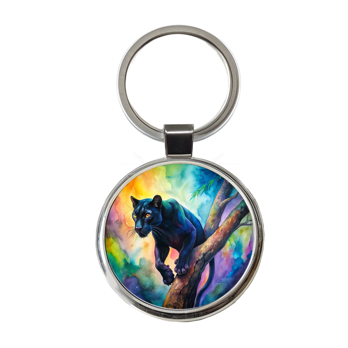 Black Panther In Tree Watercolor Round Metal Keychain