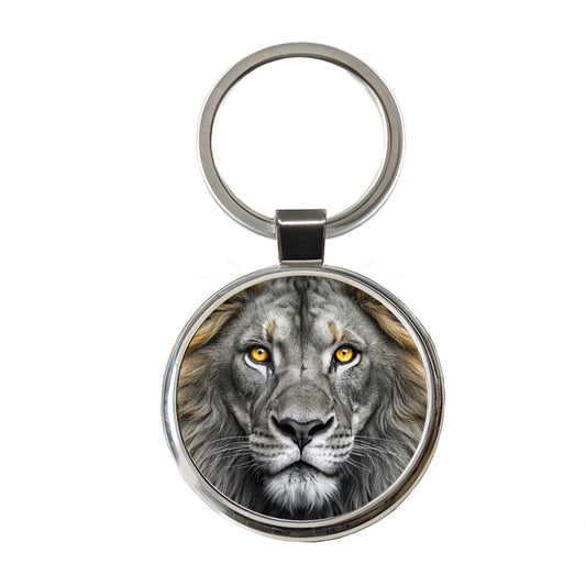 Black White Lion's Face with Gold Eyes Round Metal Keychain