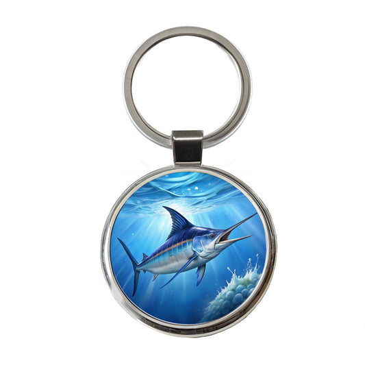 Blue Marlin Fish Round Metal Keychain