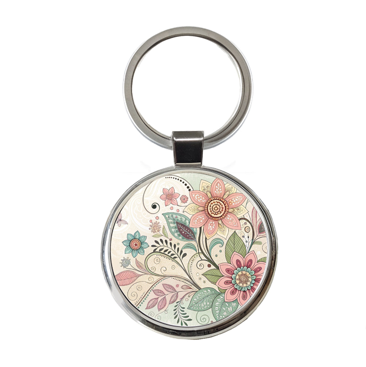Boho Floral Flowers Leaves Round Metal Keychain