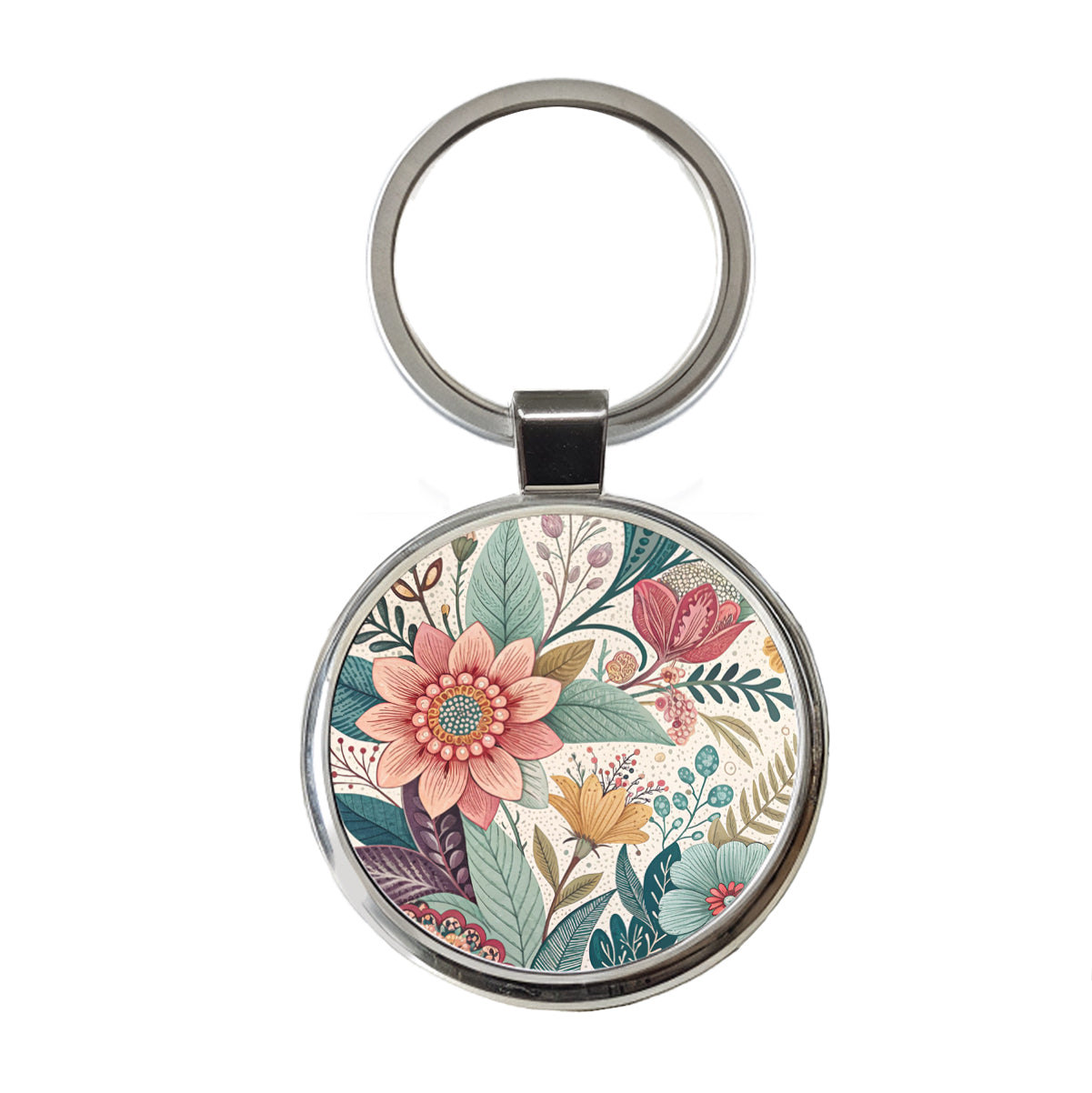 Boho Pastel Floral Pattern Round Metal Keychain