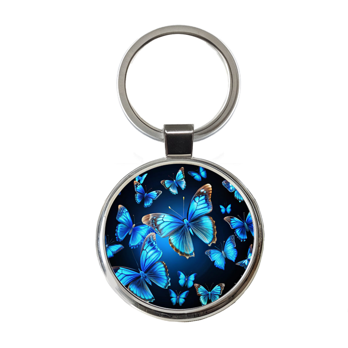 Bright Neon Blue Butterflies Round Metal Keychain