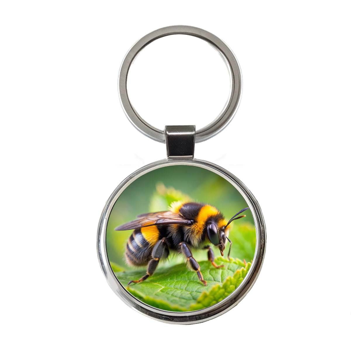 Bumblebee Bee on Leaf Round Metal Keychain