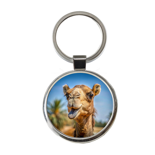 Camel Face With Tongue Sticking Out Round Metal Keychain