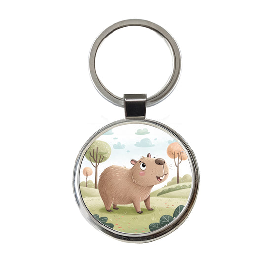 Capybara Children's Illustration Style Round Metal Keychain