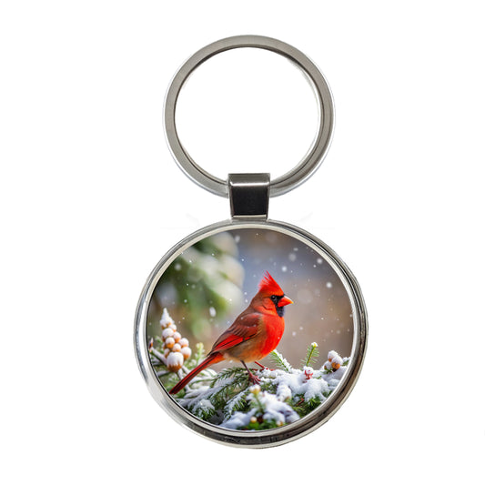 Cardinal In Winter Backyard Bird Round Metal Keychain