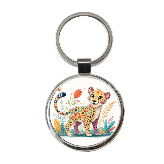 Cheetah Children's Illustration Style Round Metal Keychain
