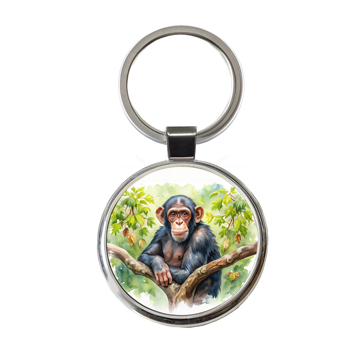 Chimpanzee Monkey In Tree Watercolor Round Metal Keychain