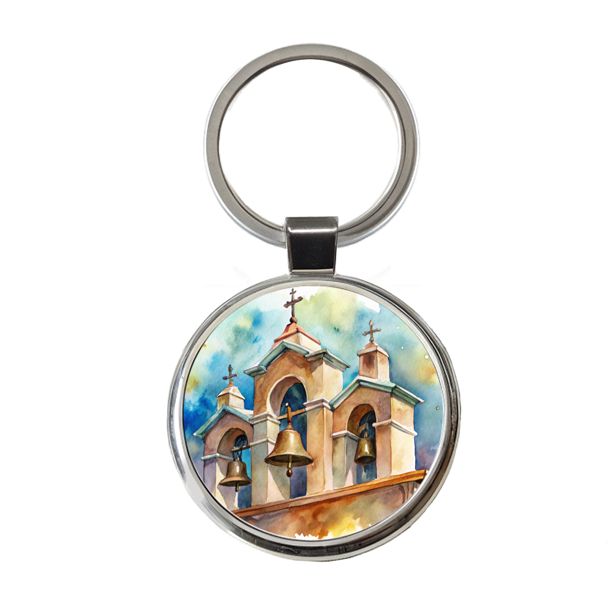 Church Mission Bells Watercolor Round Metal Keychain