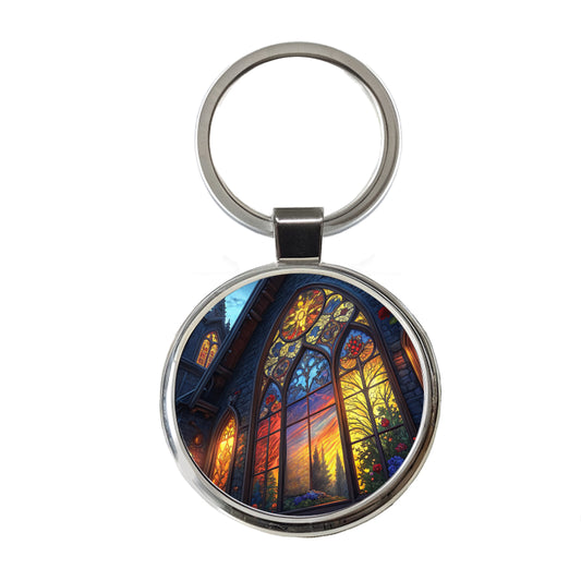 Church Stained Glass Windows at Night Round Metal Keychain