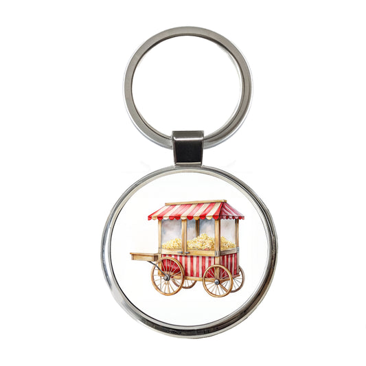 Classic Movie Popcorn Vendor Cart Watercolor Round Metal Keychain