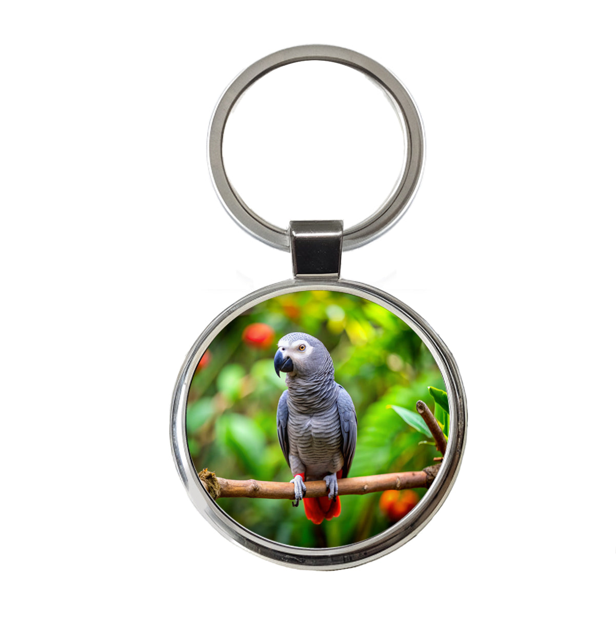 Congo African Grey Parrot Bird On Branch Round Metal Keychain