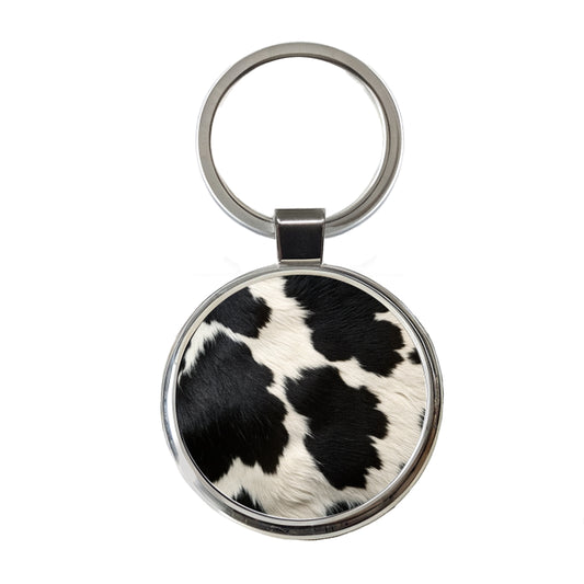 Cow Pattern Black and White Round Metal Keychain