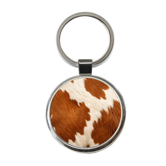 Cow Pattern Brown and White Round Metal Keychain