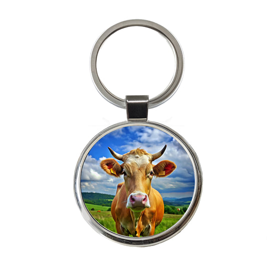 Cow Round Metal Keychain