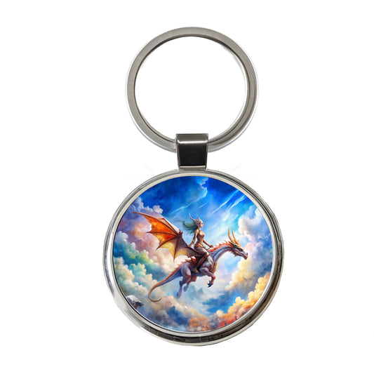 Dragon and Rider Flying Watercolor Round Metal Keychain