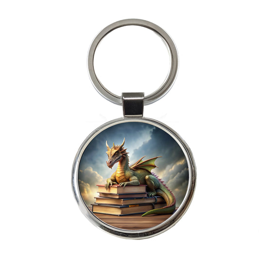 Dragon Laying On Top Of Books Reading Round Metal Keychain