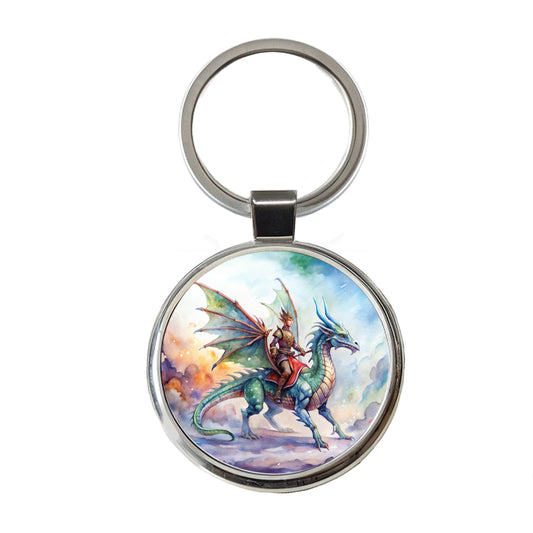 Dragon Rider Watercolor Round Metal Keychain