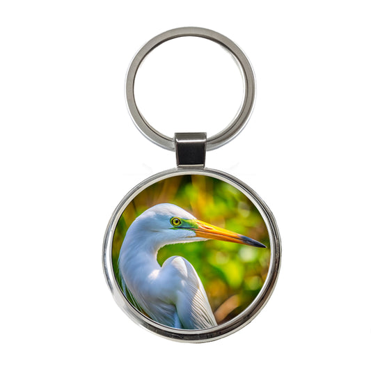 Egret Face Round Metal Keychain