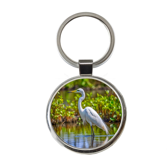 Egret Round Metal Keychain