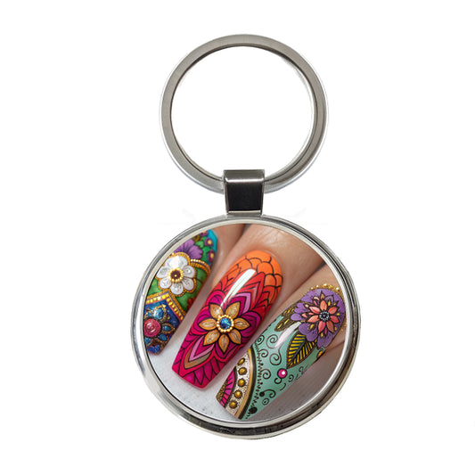 Elaborately Painted Decorated Finger Nails Round Metal Keychain