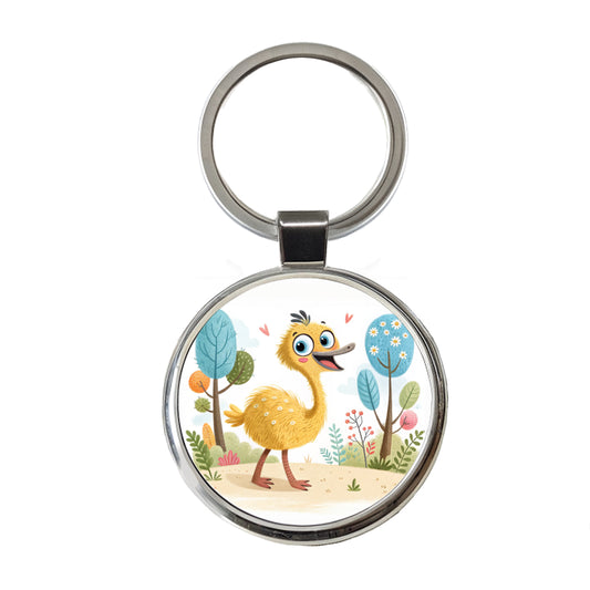 Emu Children's Illustration Style Round Metal Keychain
