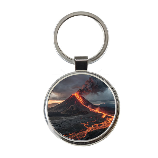 Erupting Volcano With Flowing Lava Round Metal Keychain