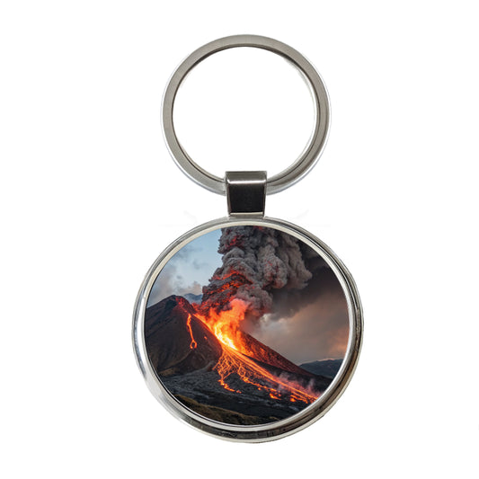 Erupting Volcano with Lava Trails Round Metal Keychain