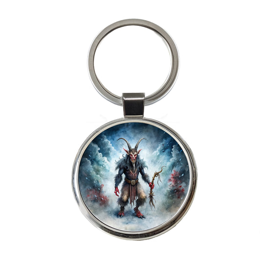 Evil Krampus Black Watercolor Christmas Round Metal Keychain