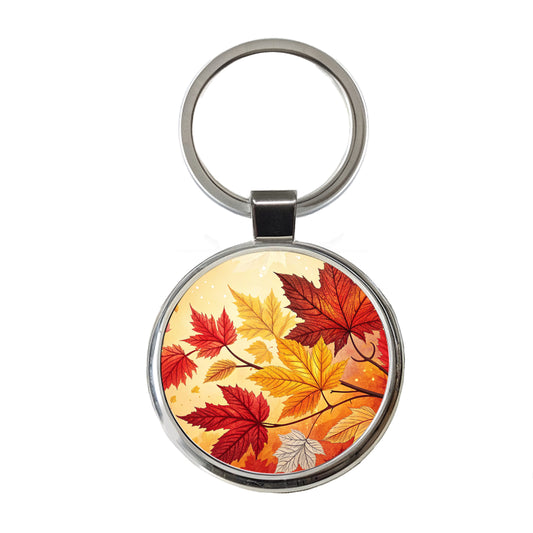 Fall Autumn Leaves Design Round Metal Keychain