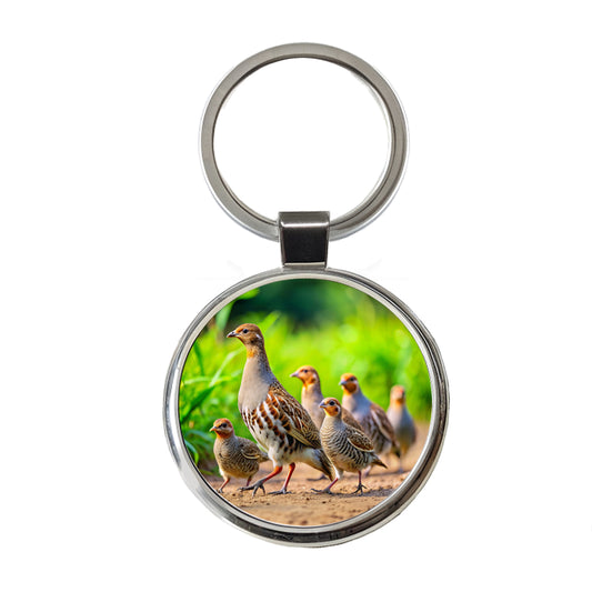 Family Of Partridge Birds Round Metal Keychain