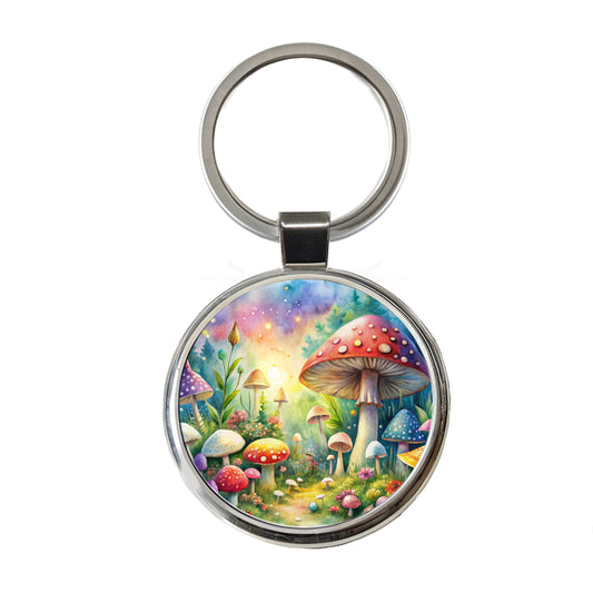 Fantastical Magical Mushroom Garden Watercolor Round Metal Keychain