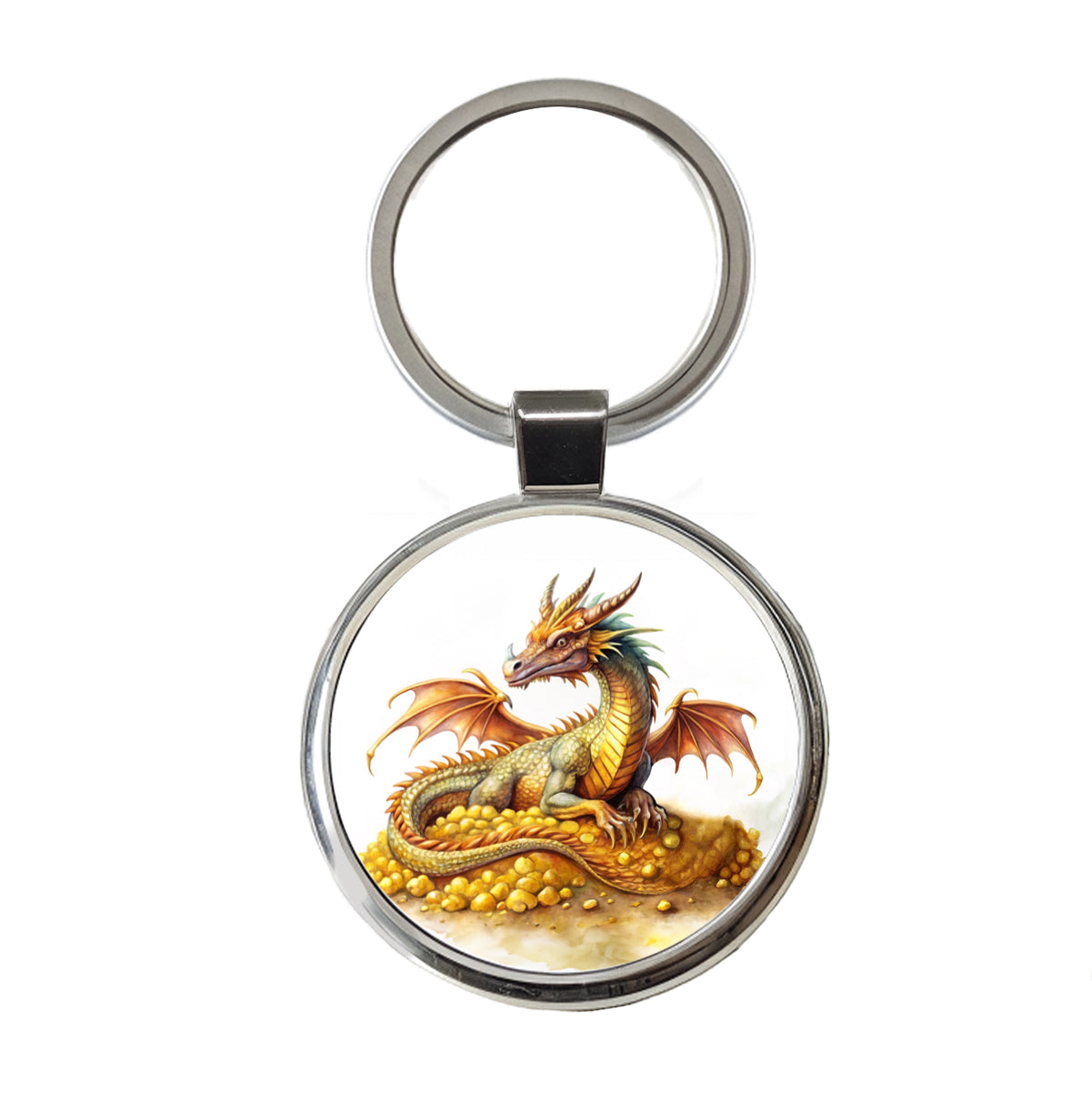 Fantasy Dragon and Gold Horde Watercolor Round Metal Keychain