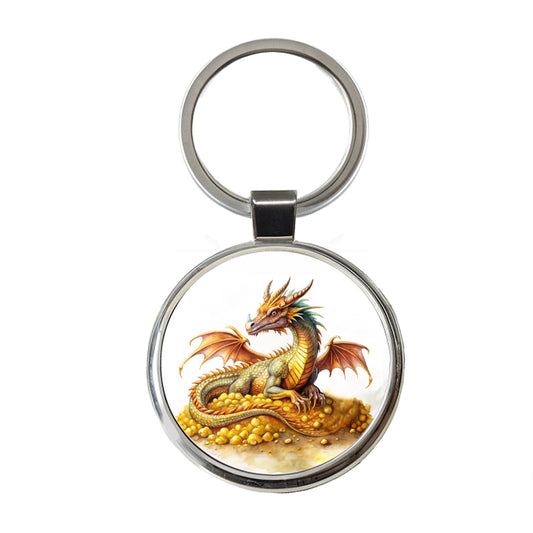 Fantasy Dragon and Gold Horde Watercolor Round Metal Keychain