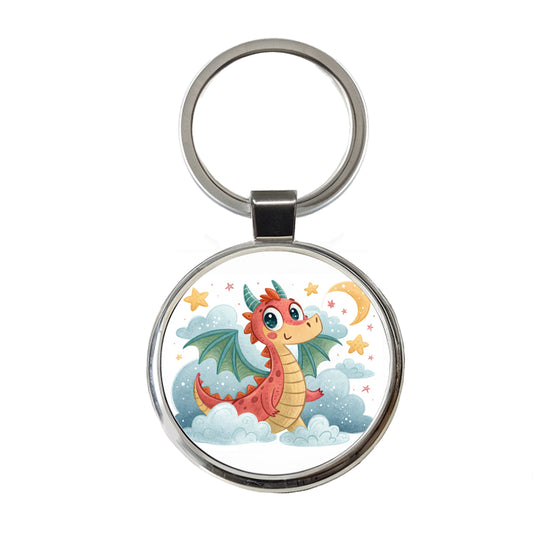 Fantasy Dragon Children's Illustration Style Round Metal Keychain
