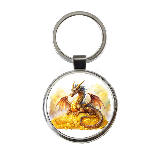 Fantasy Dragon Laying on Gold Watercolor Round Metal Keychain
