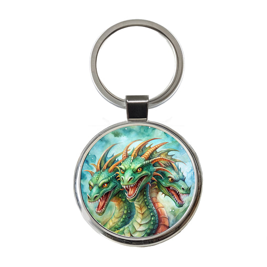 Fantasy Hydra Heads Mythical Monster Watercolor Round Metal Keychain