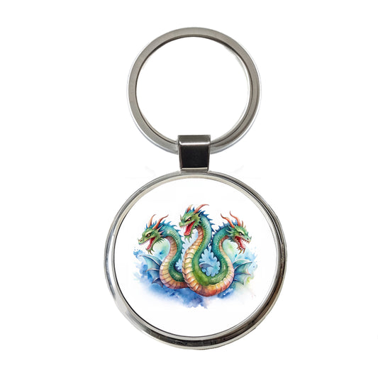 Fantasy Hydra Mythical Creature Watercolor Round Metal Keychain