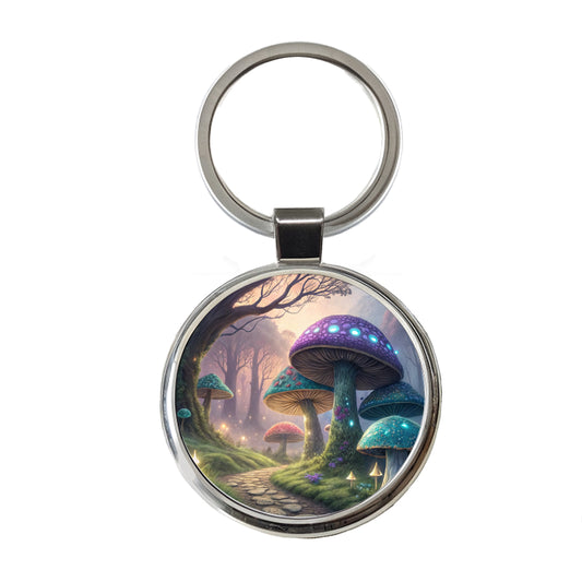 Fantasy Mushroom Forest Path Round Metal Keychain