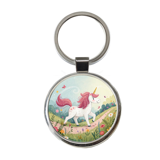 Fantasy Unicorn Children's Illustration Style Round Metal Keychain